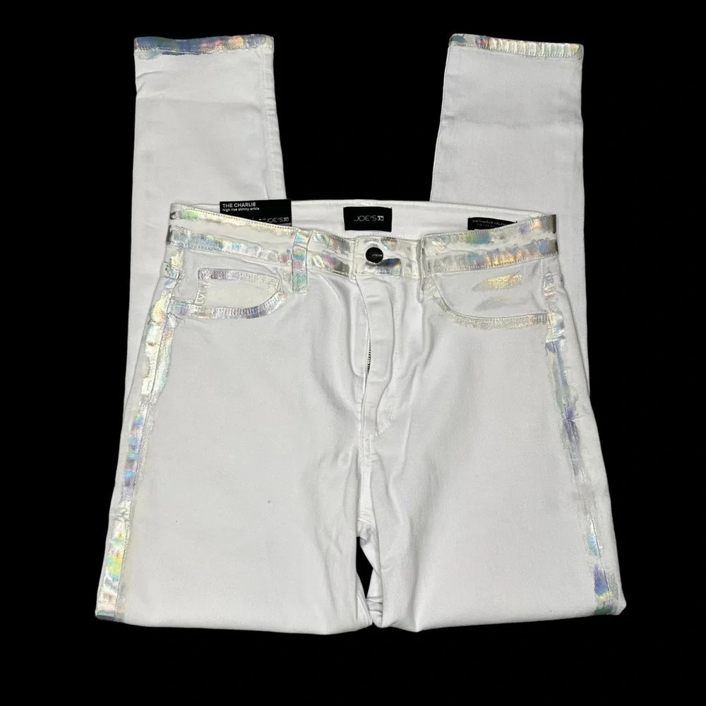 Joe's "The Charlie" High Rise Skinny Ankle in White with Silver Metallic Sz:30 - Picture 3 of 11